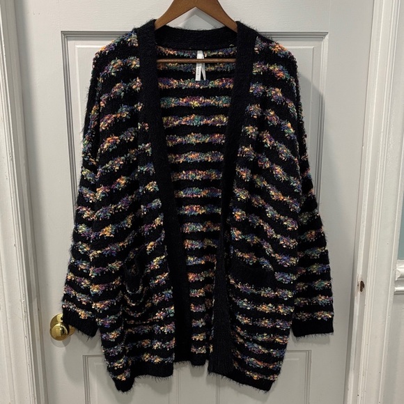 Dreamers By Debut Sweaters - Dreamers by Debut Multi Color Striped Popcorn Eyelash Cardigan Size Medium Black
